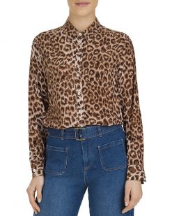 GERARD DAREL MAYA LEOPARD PRINT SILK LONG SLEEVE TOP BLOUSE SIZE 34
