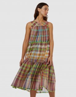 Gorman NEW Amery Plaid Sleeveless Crew Neck Cotton Midi Long Dress Size 6