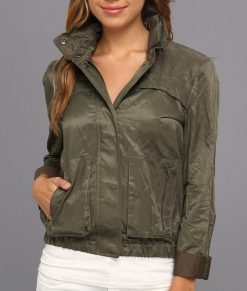 Joie NEW Farrell Green Satin Full Zip Bomber Jacket Size XS