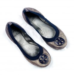 TORY BURCH CAROLINE METALLIC LEATHER REVA LOGO BALLET FLATS SIZE 7.5