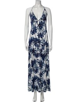 Elan Womens Palm Print Sleeveless V-Neck Halter Maxi Dress Small