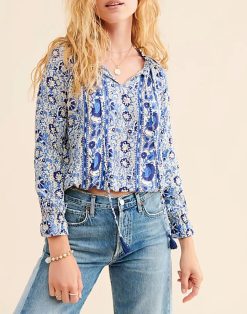 BEACHGOLD RILEY BLUE PRINTED LONG SLEEVE TOP BLOUSE SIZE SMALL