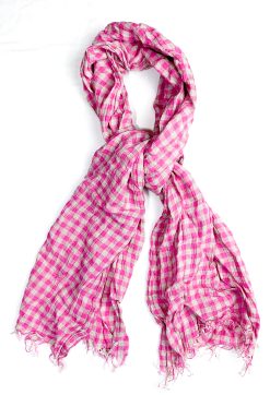 ICHI ANTIQUITES GARMENTORY PINK PLAID LINEN STOLE SCARF SHAWL WRAP