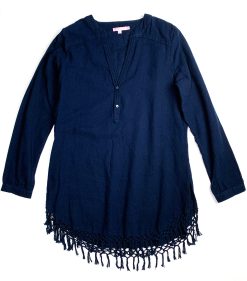 Calypso St. Barth Evsiba Blue Cotton Fringe Tassel Tunic Top Blouse Medium