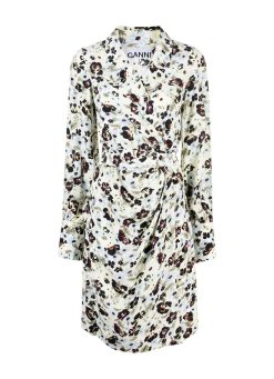 Ganni NWT Floral Crepe Ruched V-Neck Wrap Dress Size 36 NEW