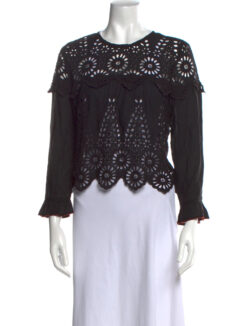GANNI BLACK EYELET LACE CREW NECK TOP BLOUSE SIZE 34/SMALL