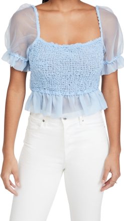 Staud NWT Womens Cannon Puff Sleeve Square Neck Smocked Top Blouse Small