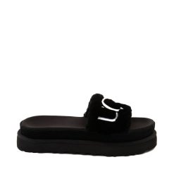 UGG AUSTRALIA NEW LATON BLACK FUR LOGO PLATFORM SLIDES SANDALS SIZE 40.5/9.5