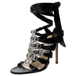 JIMMY CHOO BLACK LEATHER CRYSTAL EMBELLISHED ANKLE WRAP SANDALS HEELS SIZE 39