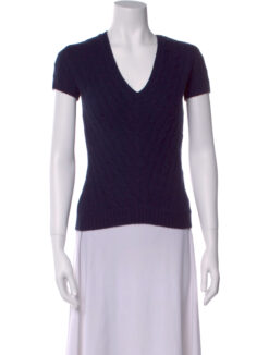 RALPH LAUREN BLACK LABEL NAVY CASHMERE V-NECK SHORT SLEEVE SWEATER SMALL