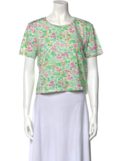 Love Shack Fancy Womens Calix Floral Crew Neck Short Sleeve Cropped Shirt Top XS