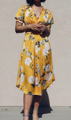 Current Air Womens Marigold Floral V-Neck Short Sleeve A-Line Midi Dress Small