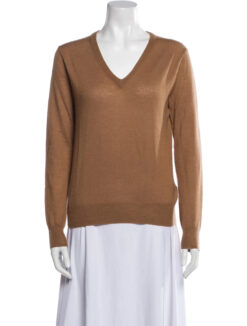 Nili Lotan Brown Cashmere Knit V-Neck Pullover Sweater Size Large