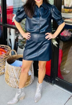 SUNDAYS NWT GAEL BLUE VEGAN LEATHER PUFF SLEEVE TOP BLOUSE XS NEW TAGS