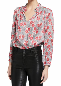 Rebecca Taylor Fleur Printed Silk Long Sleeve Mock V-Neck Top Blouse Size 0