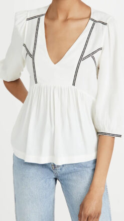 BA&SH Amber Off White Embroidered V-Neck Top Blouse Size Medium