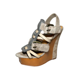 L.A.M.B. Beige Suede Caged Leather Platform Buckle Wedge Sandals Size 5.5