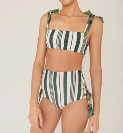 Palmacea Swimwear Caoboa Green Striped High Rise Bottom Top Bikini Large
