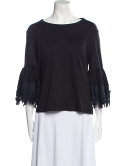 Chloe Paris Women's Bateau Neck 3/4 Lace Sleeve Black Top Blouse Size XS