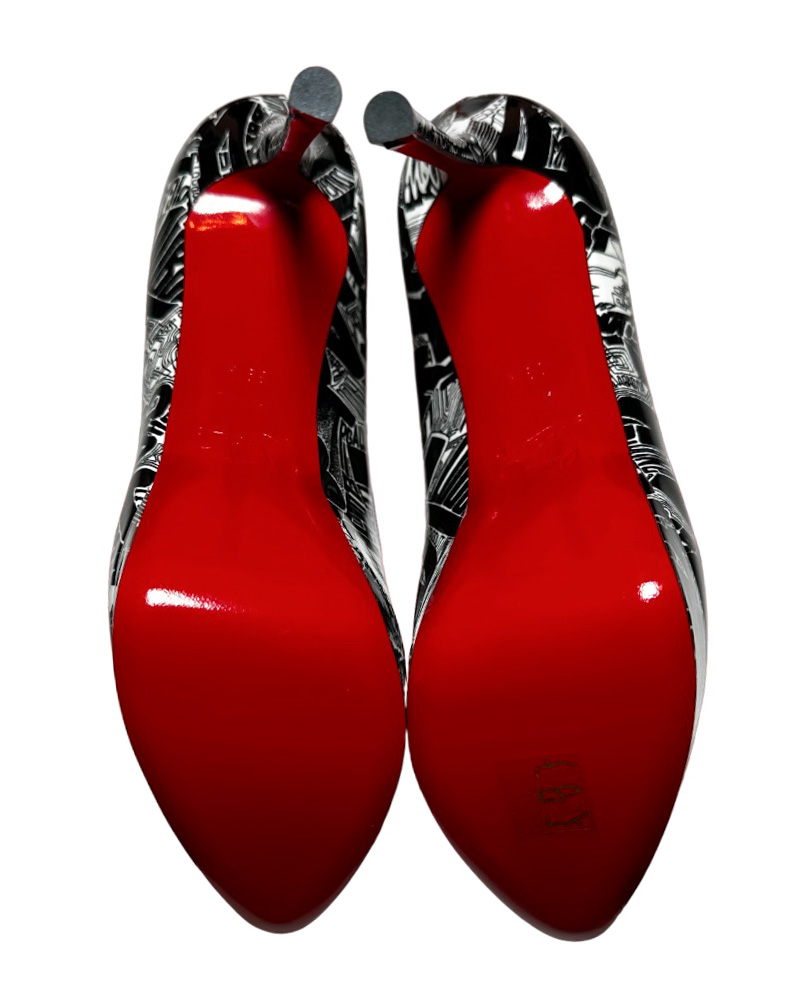 Christian Louboutin NIB Fetish Peep Toe Stiletto Heel Graffitti Platform Pumps 39.5 - Image 5