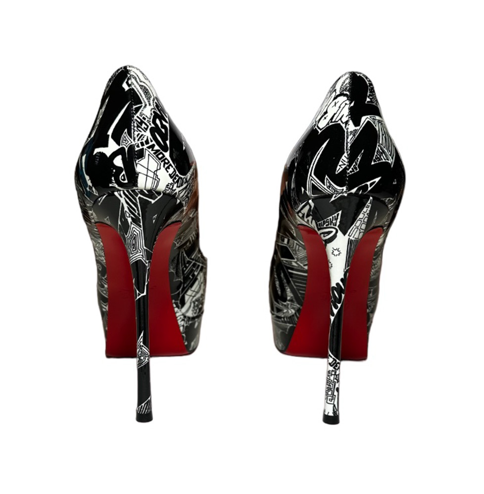 Christian Louboutin NIB Fetish Peep Toe Stiletto Heel Graffitti Platform Pumps 39.5 - Image 3