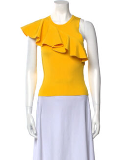 A.L.C. Malia Yellow Sleeveless Ribbed Knit Diagonal Ruffle Top Blouse XS