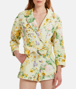 For Love & Lemons Womens Chamomile Floral Denim Belted Long Sleeve Romper Large