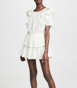 Love Shack Fancy Women's Natasha Crew Neck Ruffle Short Sleeve Mini Dress XS