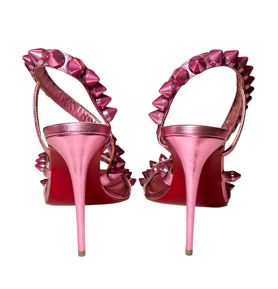 Christian Louboutin NIB Spikita Stiletto Heel Spiked Ankle Strap Metallic Pink Sandals - Image 3