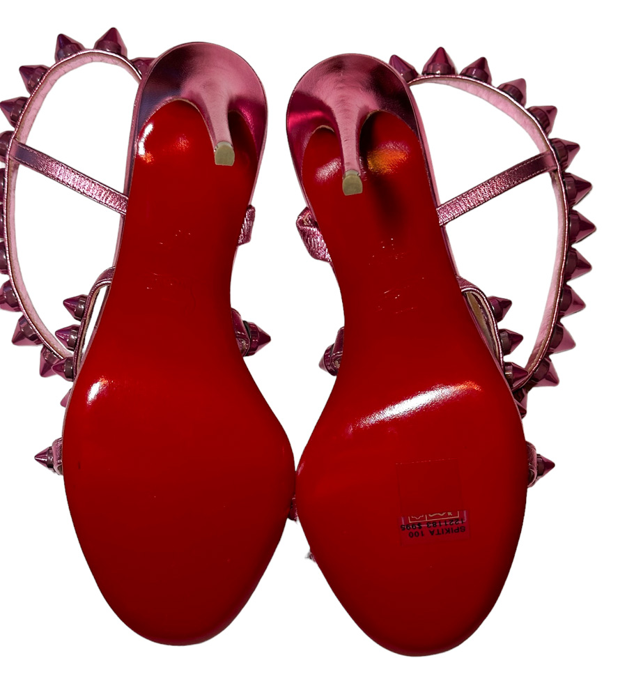 Christian Louboutin NIB Spikita Stiletto Heel Spiked Ankle Strap Metallic Pink Sandals - Image 5