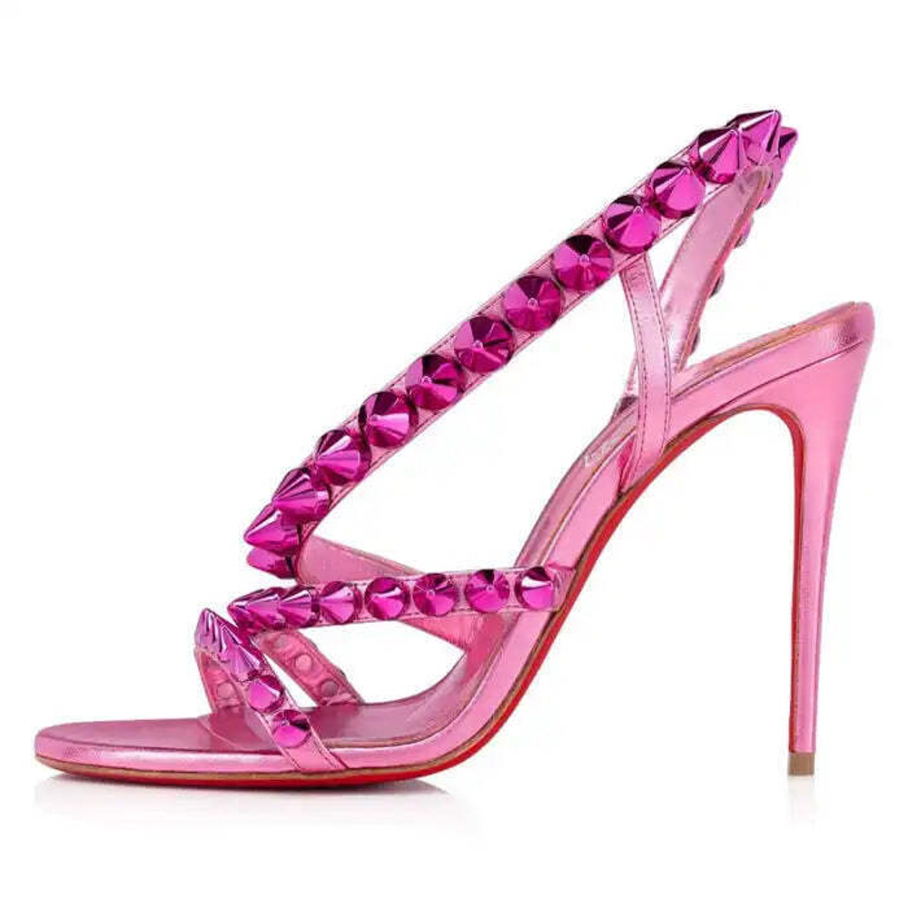 Christian Louboutin NIB Spikita Stiletto Heel Spiked Ankle Strap Metallic Pink Sandals - Image 2
