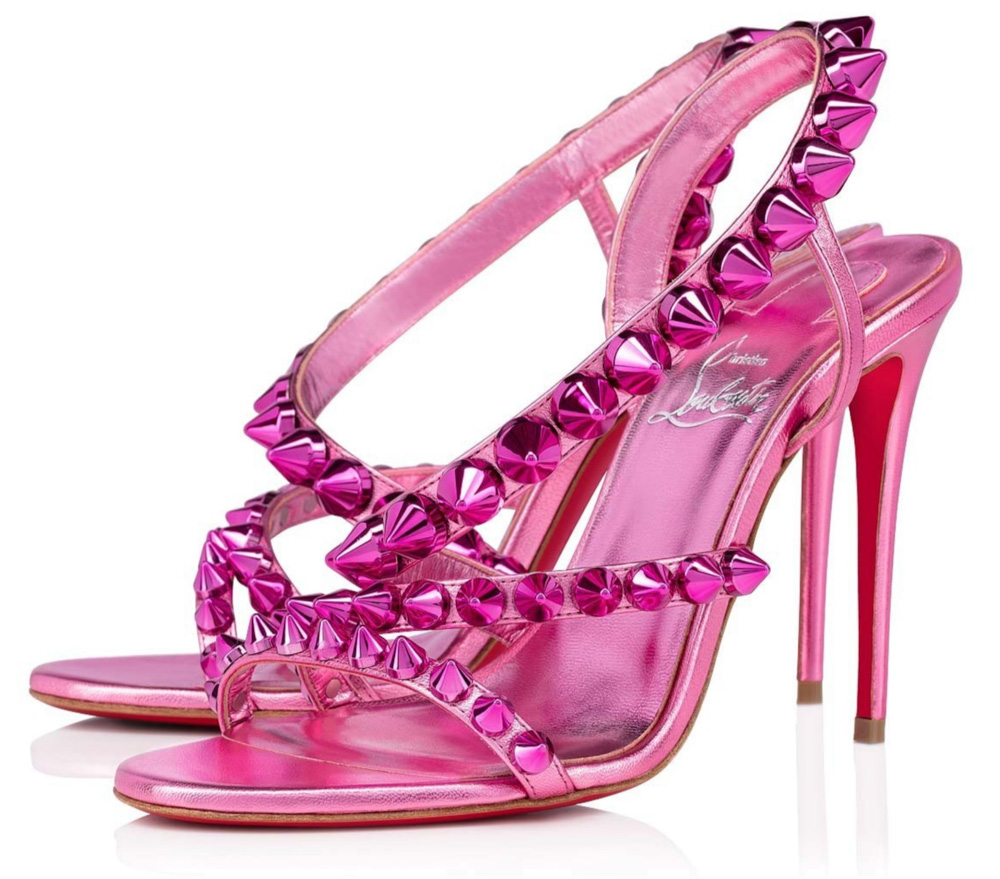 Christian Louboutin NIB Spikita Stiletto Heel Spiked Ankle Strap Metallic Pink Sandals