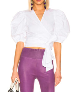 Ganni Ala White Cotton Poplin Puff Sleeve V-Neck Wrap Top Blouse Size 34/S