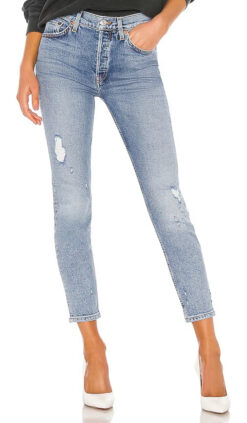 Re/Done High Rise Ankle Crop Stretch Distressed Straight Jeans 90s Wash 25
