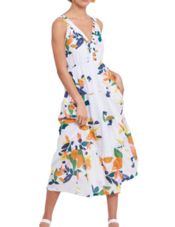 Roller Rabbit Womens Ibera Fruit Print Sleeveless V-Neck A-Line Midi Dress Med