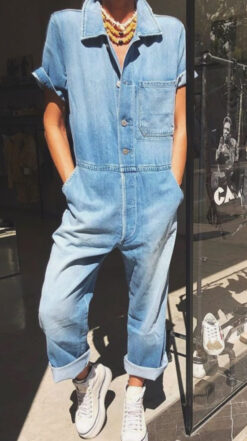 AMO Luna Blue Denim Short Sleeve Jean Jumpsuit Jumper Small