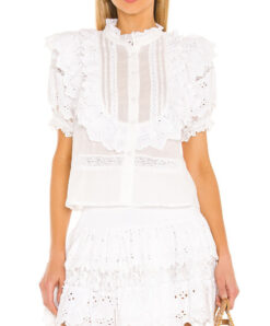 Place Nationale Le Roche White Eyelet Lace Cotton Ruffled Top Blouse 1/Small