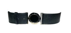 Bvlgari Bulgari Logomania Black Leather Silver Hardware Wide Belt Size 90/36