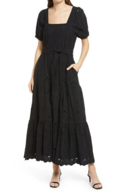 Cleobella Aurora Square Neck Eyelet Lace Belted Midi Dress Small Black