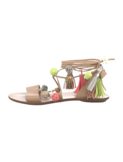Loeffler Randall Suze Pom Pom Leather Ankle Strap Lace Up Flat Sandals 9.5