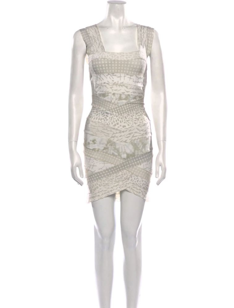 Herve Leger Beige Printed Square Neck Bandage Bodycon Mini Dress Size XS