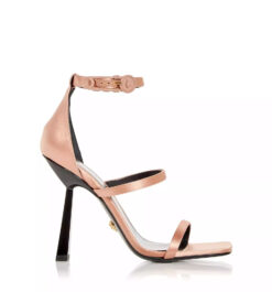 Versace NIB Safety Pin 110 Medusa Pink Logo Pin Ankle Strap Heels Sandals 39 NEW