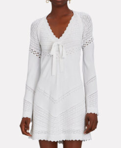 Alexis Thara White Pointelle Knit Long Sleeve V-Neck Mini Dress Medium