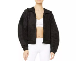 ALO YOGA Women's Dynamic Micro Plisse Hooded Puff Sleeve Jacket Black Small