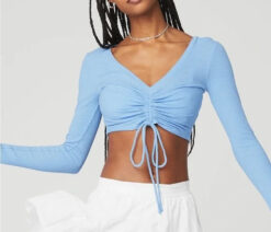 Alo Yoga Women's Ribbed Knit Cinched Long Sleeve V-Neck Crop Top XS Blue