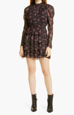 Ba&sh Catia Black Printed Mock Neck Long Sleeve Mini Dress 1/Small