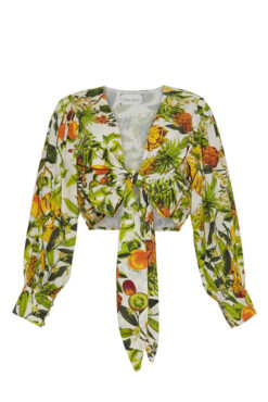 Cara Cara Angela Fruit Print Tie Front Long Sleeve Cropped Top Blouse XS