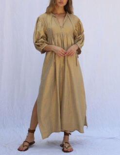 Jen's Pirate Booty High Desert Medellin Gold Striped V-Neck Boho Maxi Dress M/L