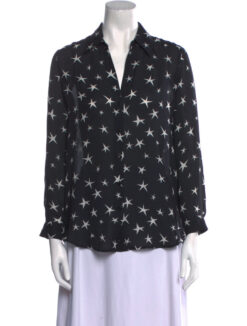 L'AGENCE Nina Star Print Silk Long Sleeve Collared Top Blouse Medium