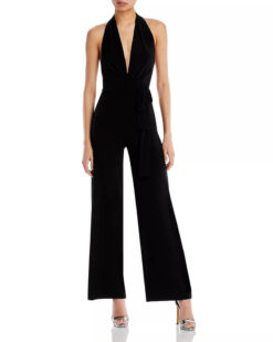 Norma Kamali Black Sleeveless Plunging V-Neck Halter Wide Leg Jumpsuit Large